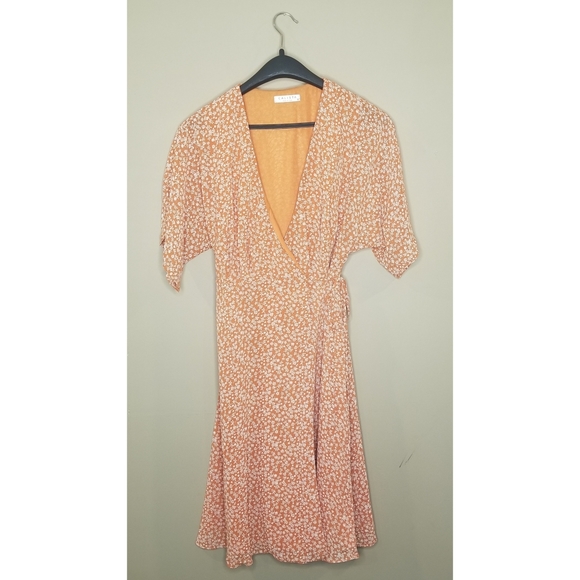 orange ditsy floral flutter sleeve chiffon v-neck Cottagecore Wrap Dress - Picture 5 of 7